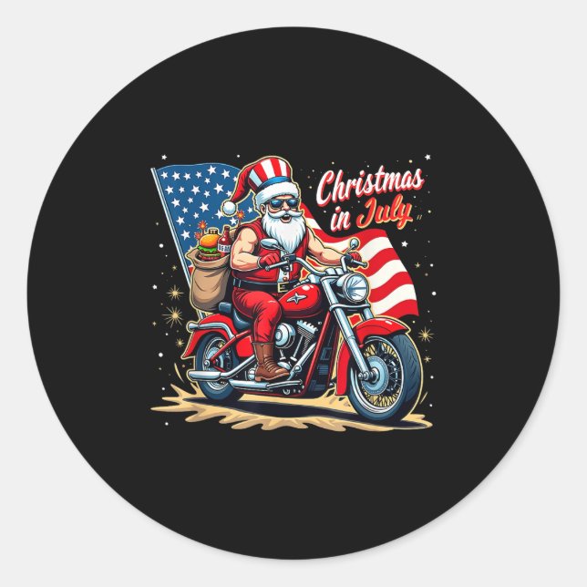 Christmas In July Biker Santa American Funny Summe Runder Aufkleber (Vorderseite)