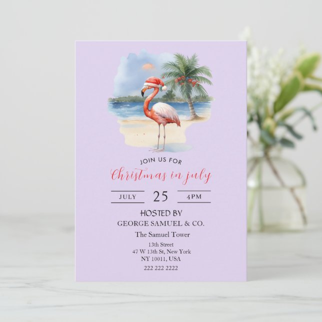 Christmas in July Custom Company Name Flamingo Einladung (Stehend Vorderseite)