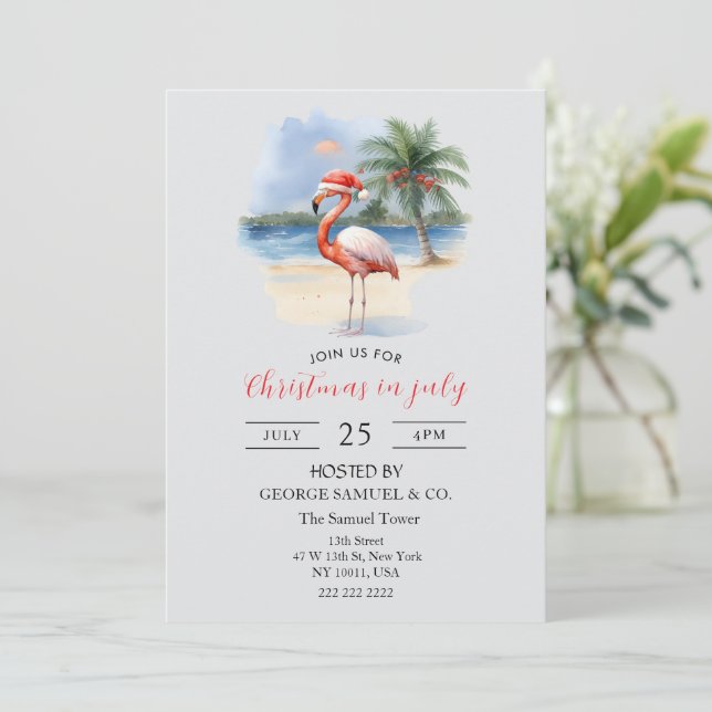 Christmas in July Custom Company Name Flamingo Einladung (Stehend Vorderseite)