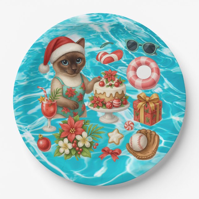 Christmas in July for Cat lovers Hawaiian themed Pappteller (Vorderseite)