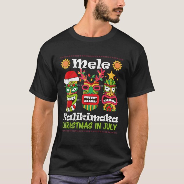 Christmas In July Hawaiian Santa Tiki Mele Kalikim T-Shirt (Vorderseite)