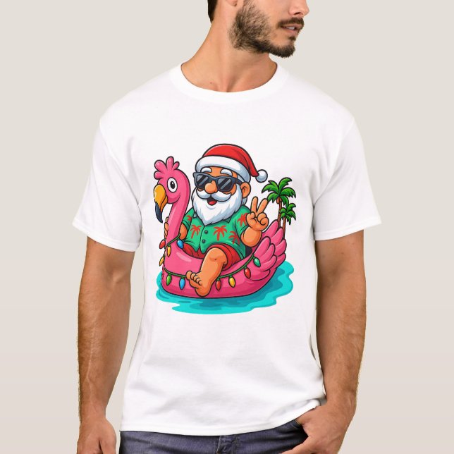 Christmas In July Santa Swimming At Pool Flamingo  T-Shirt (Vorderseite)