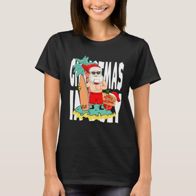 Christmas In July  Summer Santa Surfing Beach Vaca T-Shirt (Vorderseite)