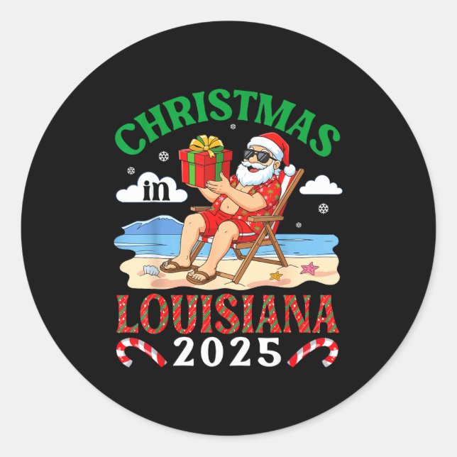 Christmas In Louisiana 2025 Santa Beach Lounge Hol Runder Aufkleber (Vorderseite)