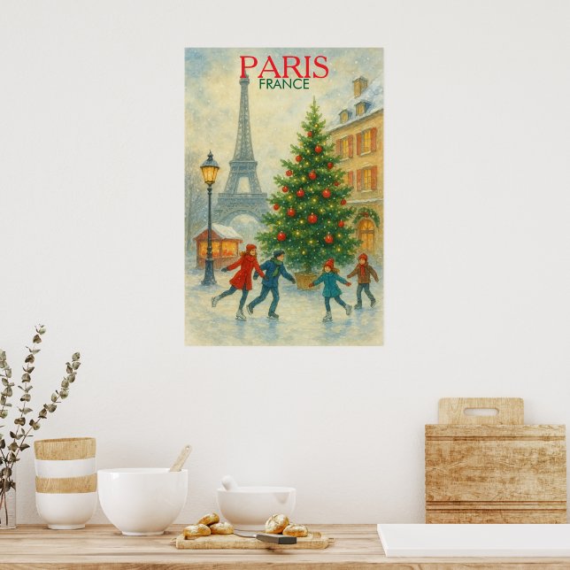 Christmas in Paris Art Print – Eiffel Tower Winter Poster (Küche)