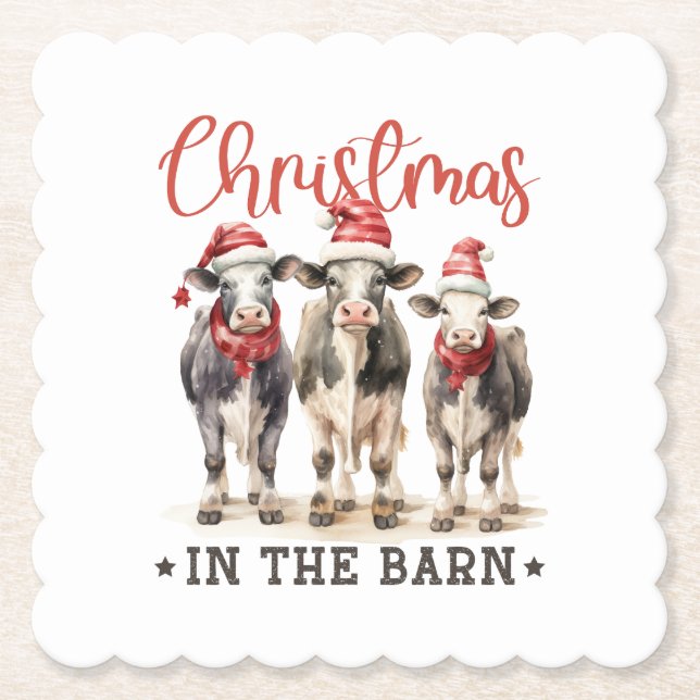 Christmas in the Barn Rustic Cows in Santa Hats Untersetzer (Vorderseite)