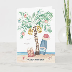 Christmas-Insel-Palmen-Surf-Santa-Tropischer-Stran Feiertagskarte