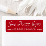 Christmas Joest Peace Liebe Custom Red<br><div class="desc">Schicken Sie Ihre Karten stilvoll mit diesem "Joy Peace Liebe",  dem benutzerdefinierten Adressetikett. Ändern Sie einfach die Hintergrundfarbe,  indem Sie auf den Button "Anpassen" und dann auf den Augentropfen klicken.</div>