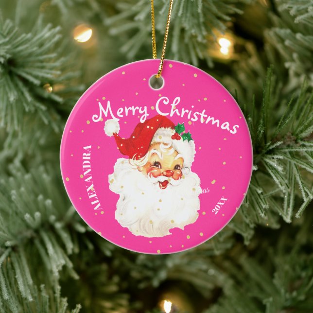 Christmas Jolly Santa Claus Pink Persönliches Foto Keramik Ornament (Baum)