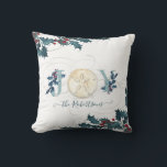 Christmas Joy Beach Coastal Sand Dollar Holly Name Kissen<br><div class="desc">Einfach. Modern. Dieses Aquarell-Design ist personalisiert mit Ihrem Familiennamen und hat eine heilige Vegetation in Blues mit roten Beeren. Eine Typografie entworfen, "JOY" ist in staubblauem Blau mit einem abgrundweißen Aquarell bemalt Sand Dollar. Schnörkel mit kalligrafischem Bildlauf enden. Verwendet Vintage, heilige Kunstwerke, die mit Aquarell vermischt wurden, der von international...</div>