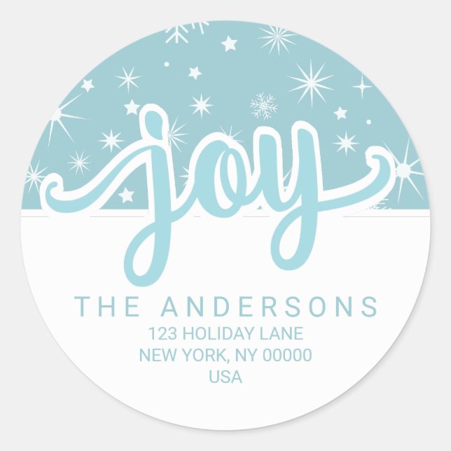 Christmas Joy Blue und White Handwriting Address Runder Aufkleber (Vorderseite)