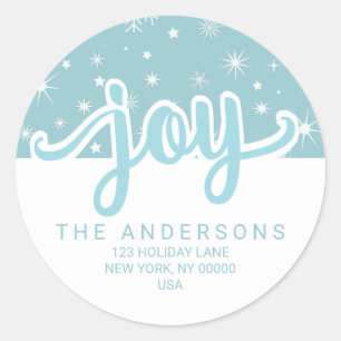 Christmas Joy Blue und White Handwriting Address Runder Aufkleber