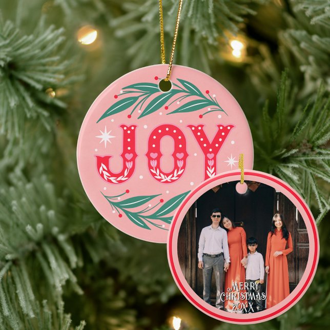 Christmas Joy Custom Foto Keramik Ornament (Christmas Joy customizable ornament)