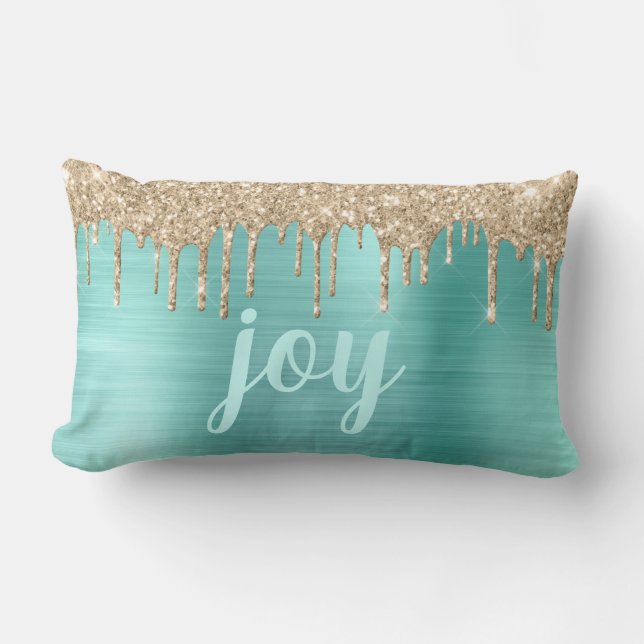 Christmas Joy Glitzer Tropfen Aquamarin Metallic Lendenkissen (Vorderseite)