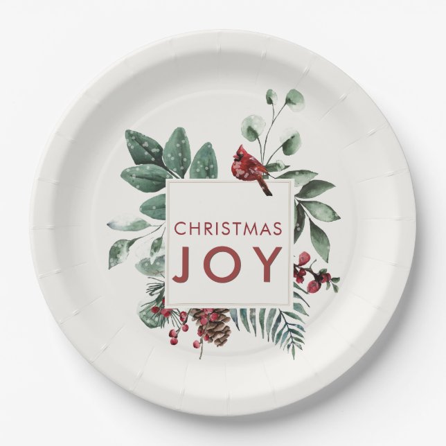 Christmas Joy Kardinal Bird Berries Pappteller (Vorderseite)