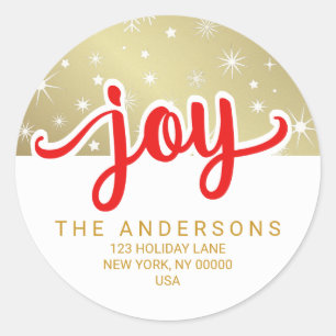 Christmas Joy Red und Gold Handgeschriebene Adress Runder Aufkleber