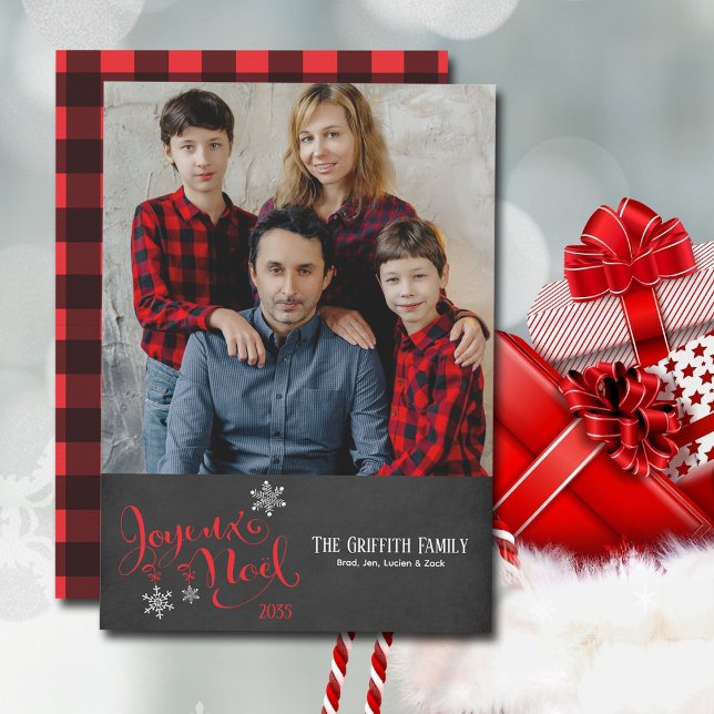 Christmas Joyeux Weihnachten Snowflakes Buffalo Ka (Joyeux Noel one-photo Christmas card with buffalo plaid back.)