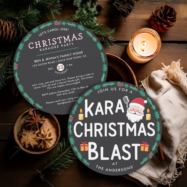 Christmas Karaoke Party Santa Carols Vinyl Record Einladung (christmas party invitation karaoke family office vintage retro nostalgia vinyl record santa carols)