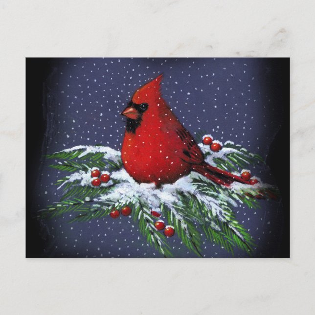 CHRISTMAS KARDINAL: BIRD: ART: SCHNEE FEIERTAGSPOSTKARTE (Vorderseite)