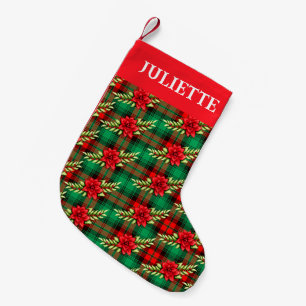 Christmas Kariert Poinsettias und Blätter Kleiner  Weihnachtsstrumpf