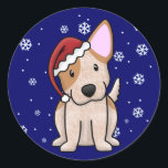 Christmas Kawaii Red Heeler Runder Aufkleber<br><div class="desc">Ein bezauberndes Red Heeler Geschenk mit einem Cartoon des rot gesprenkelten australischen Rinderhundes,  der eine Santa Cap trägt,  mit hellblauen Schneeflocken im Hintergrund. Fügen Sie einfach Ihren eigenen Text zu diesem Design mit unserem Tool "Anpassen" hinzu. Phantastische Saisonausrüstung für den Rinderhund in dieser Saison!</div>