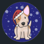 Christmas Kawaii Red Heeler Runder Aufkleber<br><div class="desc">Ein bezauberndes Red Heeler Geschenk mit einem Cartoon des rot gesprenkelten australischen Rinderhundes,  der eine Santa Cap trägt,  mit hellblauen Schneeflocken im Hintergrund. Fügen Sie einfach Ihren eigenen Text zu diesem Design mit unserem Tool "Anpassen" hinzu. Phantastische Saisonausrüstung für den Rinderhund in dieser Saison!</div>