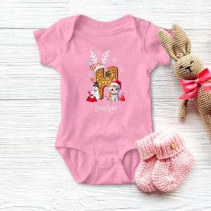 Christmas Kitten Gingerbrett Name Letter H Girl Baby Strampler