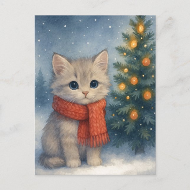 Christmas Kitten Postcard Cute Cat in Red Scarf  Postkarte (Vorderseite)