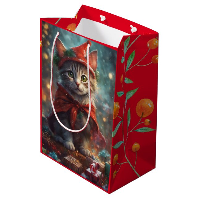 Christmas Kitten Red Small Gift Bag Mittlere Geschenktüte (Rückseite Schrägansicht)