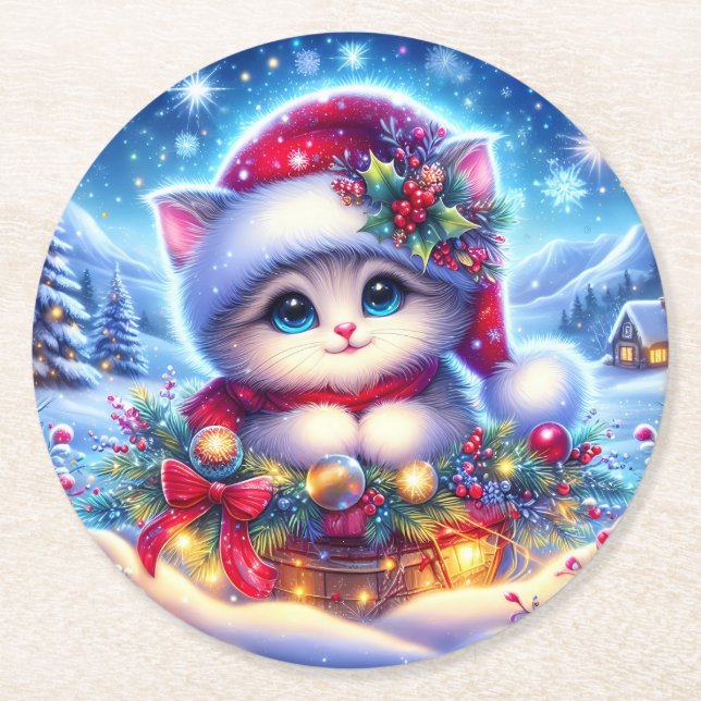 Christmas Kitten Round Untersetzer Geschenk (Vorderseite)