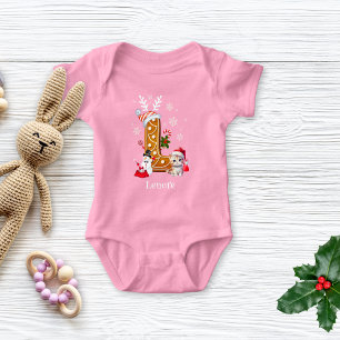 Christmas Kitten Santa Gingerbread Letter L Girl Baby Strampler
