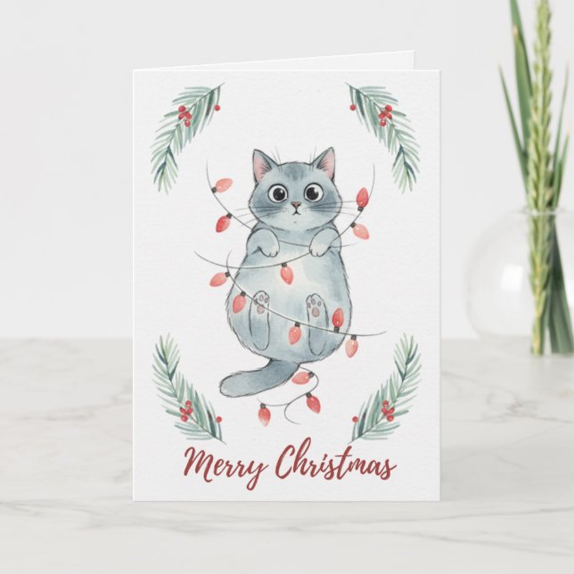 Christmas Kitten Tangled in Lights Card Karte (Vorderseite)