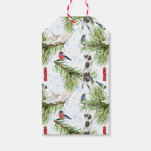 Christmas Kitten with Birds Geschenkanhänger (Vorderseite)