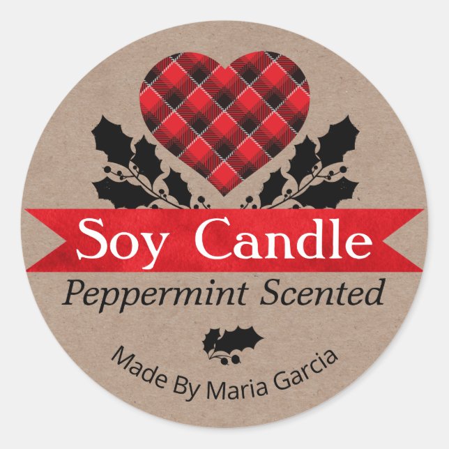 Christmas Kraft Kariert Peppermint Soy Candle Labe Runder Aufkleber (Vorderseite)