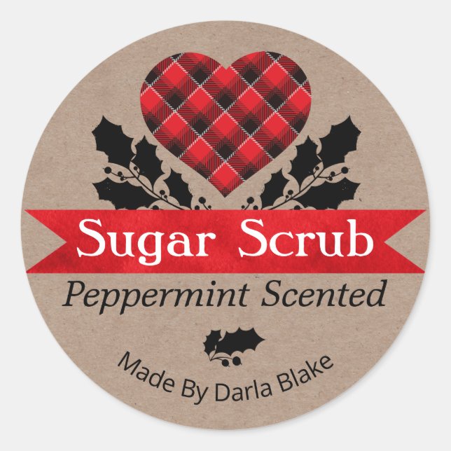Christmas Kraft Peppermint Kariertes Sugar Scrub L Runder Aufkleber (Vorderseite)