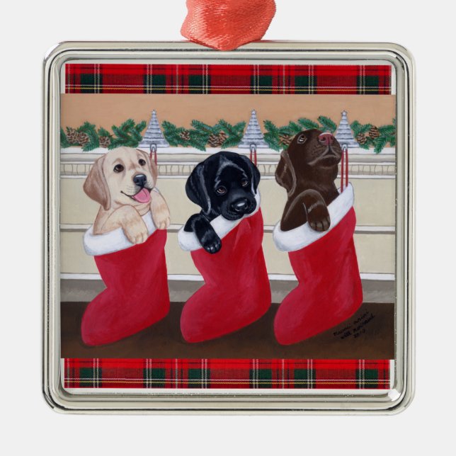 Christmas Labrador Welppies Tartan Silbernes Ornament (Vorne)