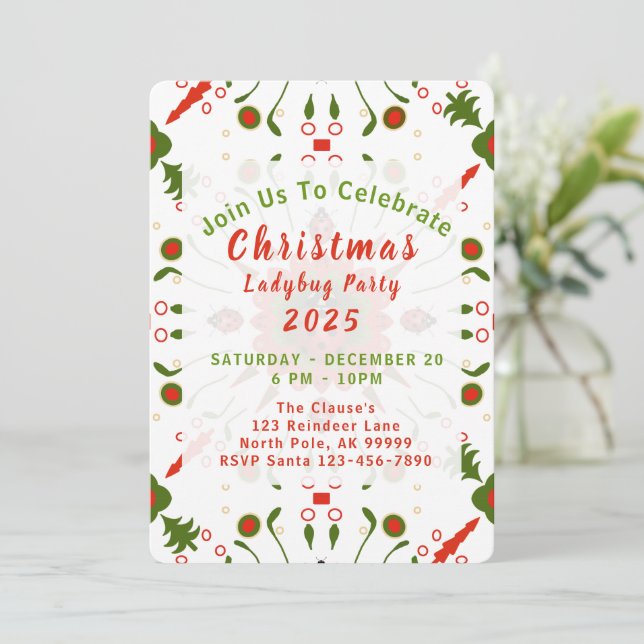Christmas Ladybug Party Red White Green Einladung (Stehend Vorderseite)