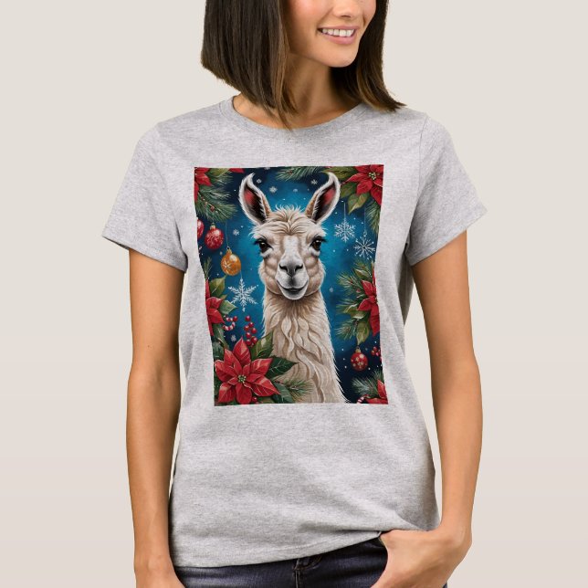 Christmas Lama With Poinsettias & Ornaments T-Shirt (Vorderseite)
