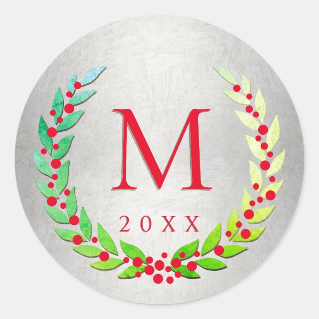 Christmas Laurel Wreath Berries Mit Monogramm Runder Aufkleber (Vorderseite)