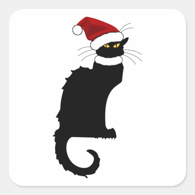 Christmas Le Chat Noir mit Weihnachtsmannmütze Quadratischer Aufkleber (Vorderseite)