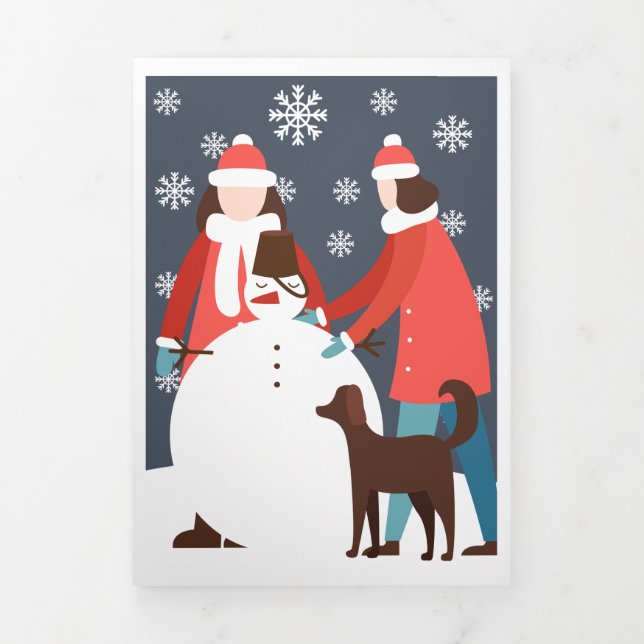 Christmas Lesbian Couple Dog Snowman Personalisier Dreifach Gefaltete Urlaubskarte (Cover)