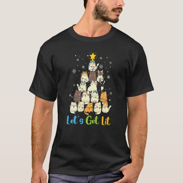 Christmas Let's Get Lit Cats Christmas Tree Cat T-Shirt (Vorderseite)