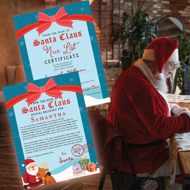 Christmas Letter from Santa Nice List Certificate (Nice List Certificate Signed and Sealed by Santa Coquette Red Bow Christmas Letter from Santa)
