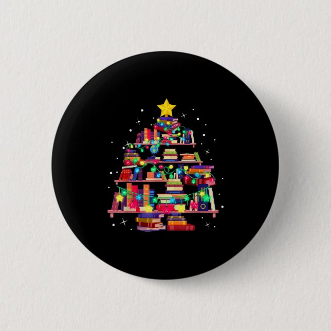 Christmas Library Tree Love Reading Books Nerd Tea Button (Vorderseite)