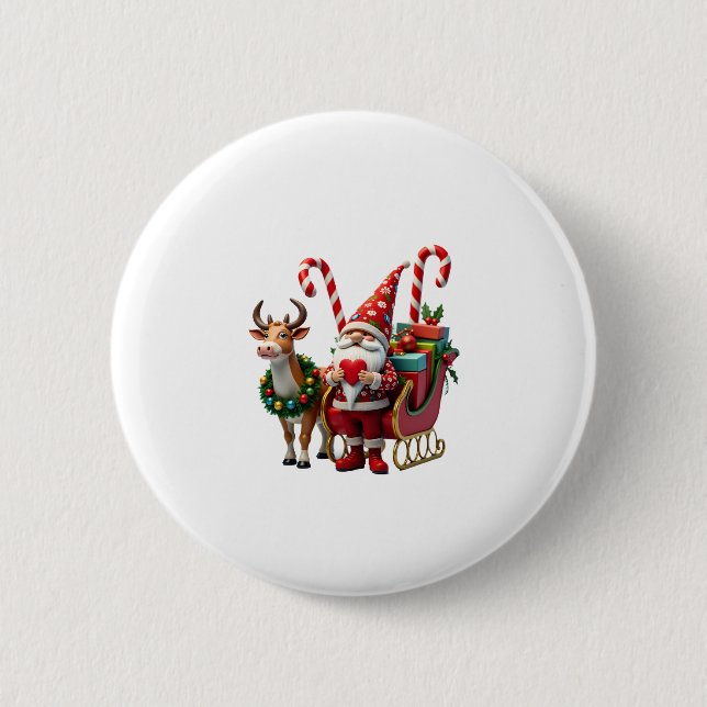 Christmas Light Gnome Santa Claus Riding Sleigh Hi Button (Vorderseite)