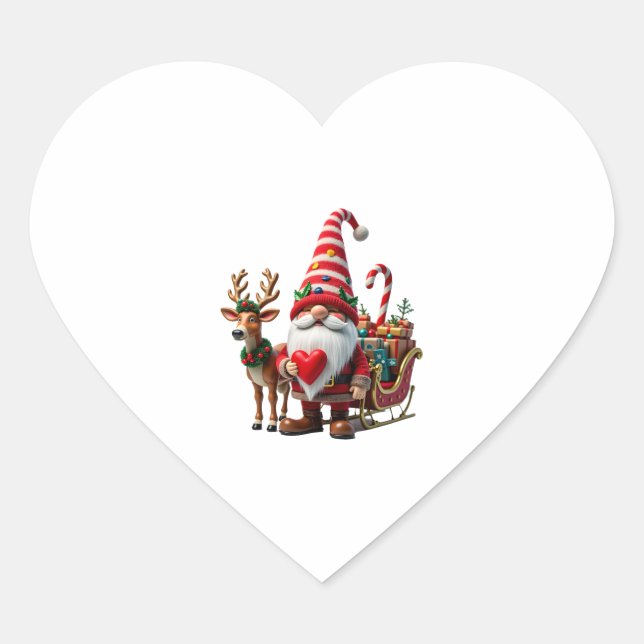 Christmas Light Gnome Santa Claus Riding Sleigh Hi Herz-Aufkleber (Vorderseite)
