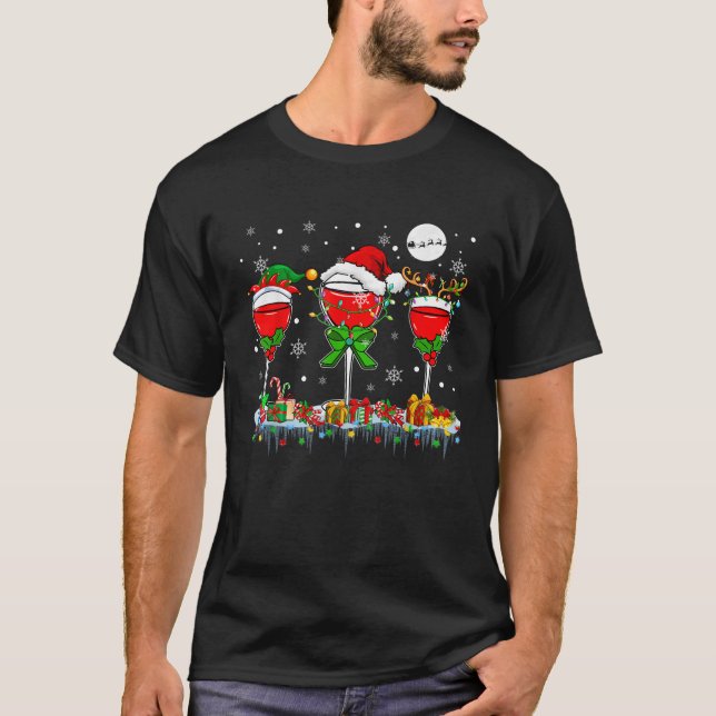 Christmas Light Three Santa Reindeer Elf Wine Glas T-Shirt (Vorderseite)