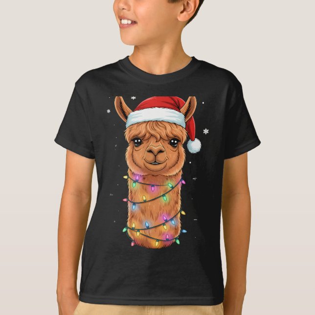 Christmas Lights Alpaca Santa Hat Llama Cute Xmas  T-Shirt (Vorderseite)