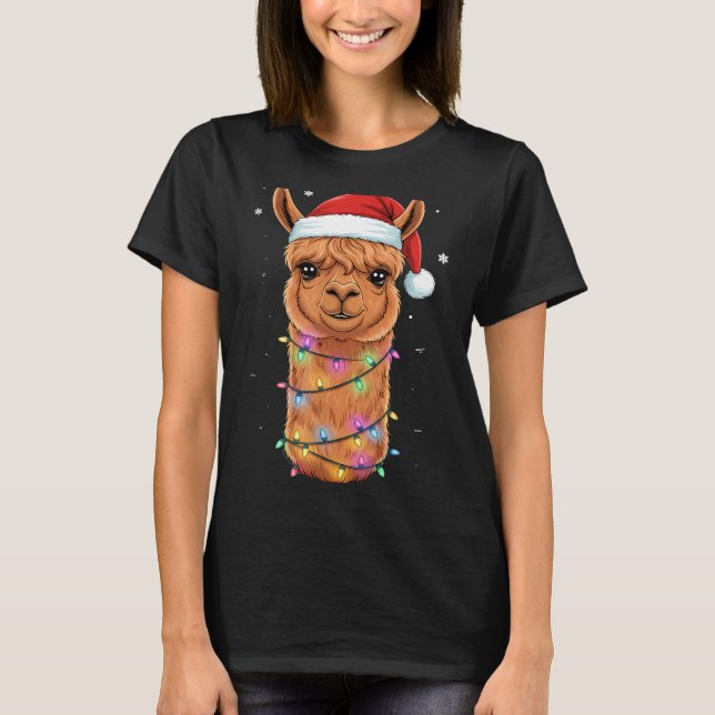 Christmas Lights Alpaca Santa Hat Llama Cute Xmas  T-Shirt (Vorderseite)
