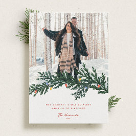 Christmas Lights and Greenery Photo Feiertagskarte